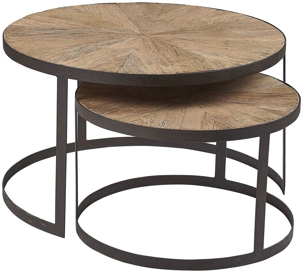Hudson Bay Industrial Reclaimed Elm Parquet Top Round Nest Of 2 Side Tables