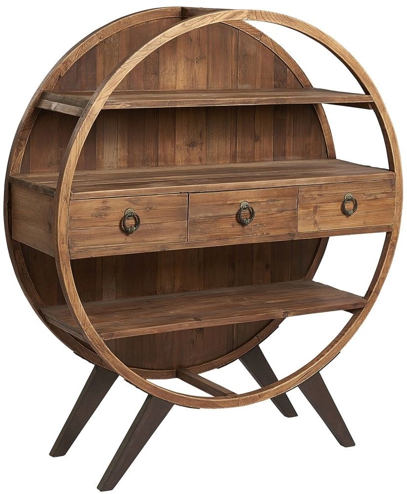 Hudson Bay Industrial Reclaimed Pine Round Display Cabinet With 3 Drawers And 2 Shelves