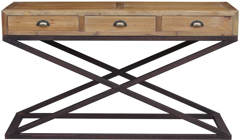 Hudson Bay Industrial Reclaimed Pine Console Table 3 Storage Drawers With Cross Xlegs