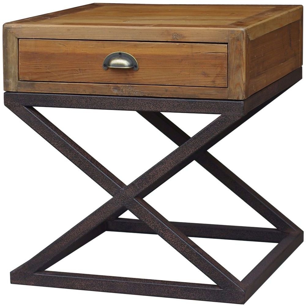 Hudson Bay Industrial Reclaimed Pine Lamp Table 1 Storage Drawer With Cross Xlegs