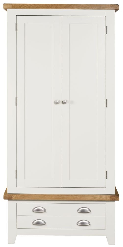 Wexford White And Oak Double Wardrobe 2 Doors With 1 Bottom Storage Drawer