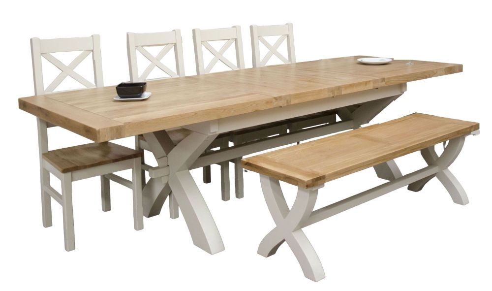 Homestyle Gb Painted Deluxe Xleg Extending Dining Table With 4 Cross Back Chairs And Bench