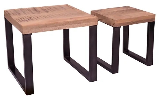 Napal Rough Sawn Mango Wood Nest Of Tables Set Of 2 With Black Metal U Legs
