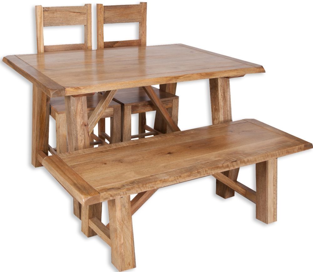 Odisha Mango Wood Dining Set With 2 Wooden Chairs And Bench