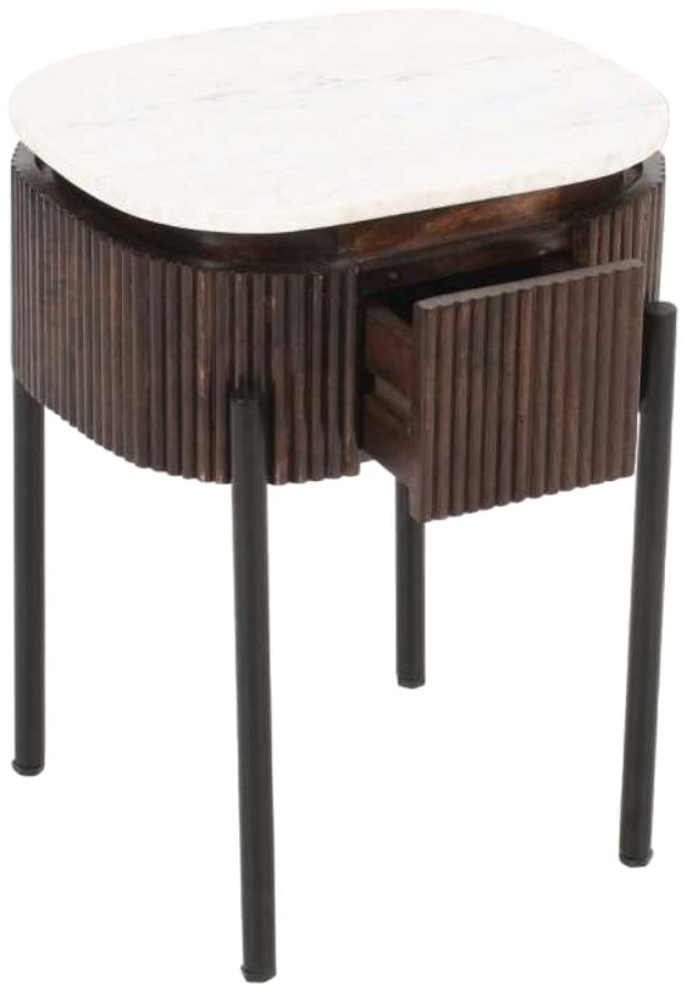 Indian Hub Opal Mango Wood Marble Top Bedside Table With Metal Legs