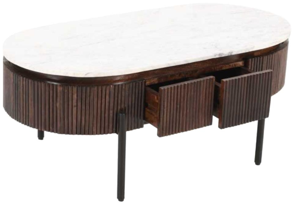 Indian Hub Opal Mango Wood Rectangular Fluted Marble Top Coffee Table With Metal Legs