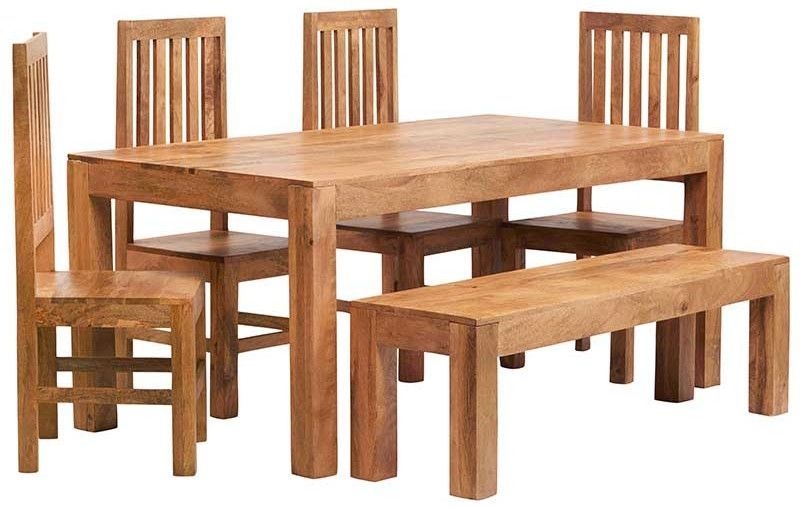 Indian Hub Toko Light Mango Large Dining Table With 4 Slatted Back Chairs And Bench