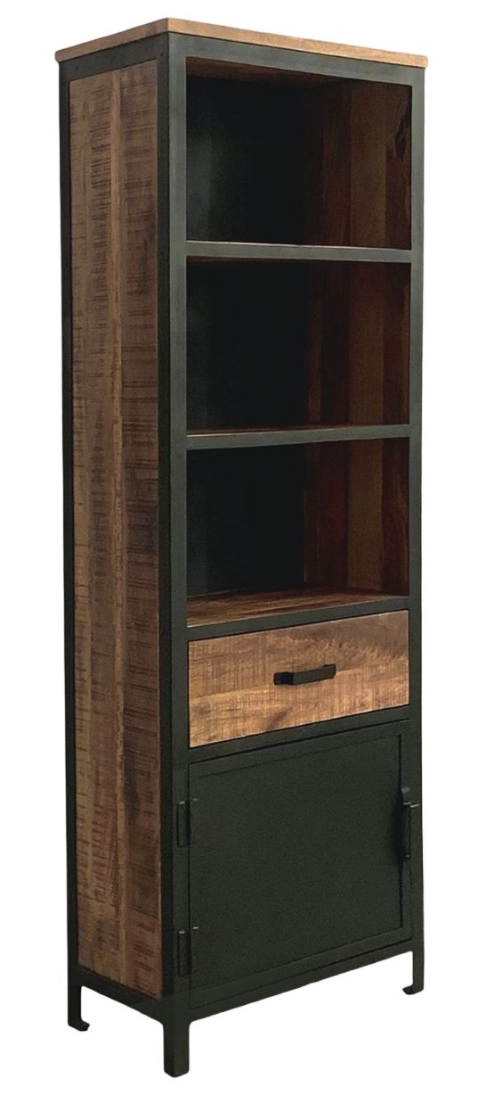 Induse Industrial Tall Narrow Bookcase With 1 Door 1 Drawer