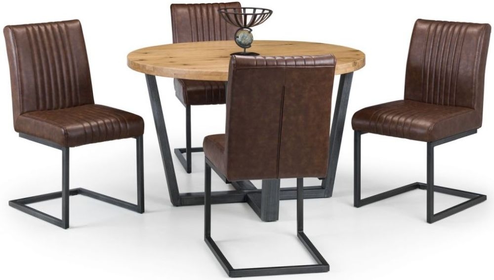 Julian Bowen Brooklyn Rustic Oak Round Dining Table And 4 Brown Faux Leather Chairs