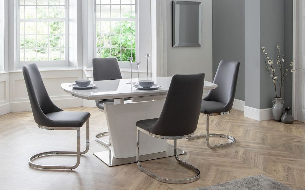 Julian Bowen Como White High Gloss Extending Dining Table And 4 Grey Faux Leather Chair