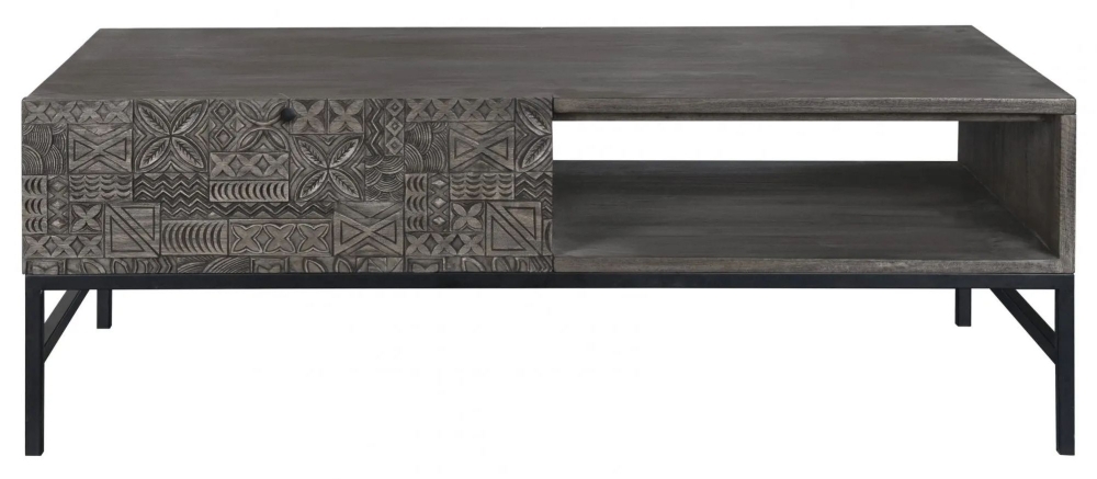 Kalahari Black Washed Carved Mango Wood 1 Drawer Side Table