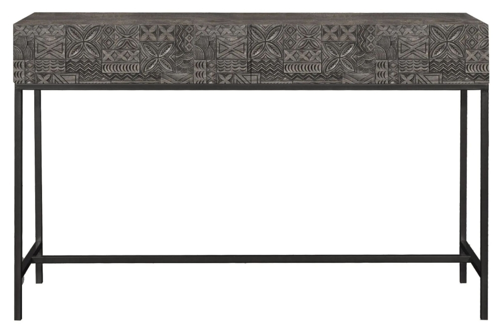 Kalahari Black Washed Carved Mango Wood 2 Drawer Large Console Table