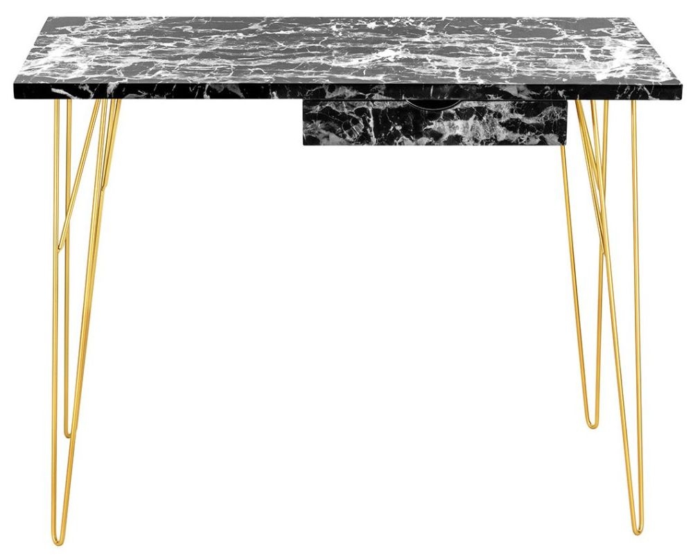 Fusion Black Marble Effect 1 Drawer Desk With Hairpin Legs