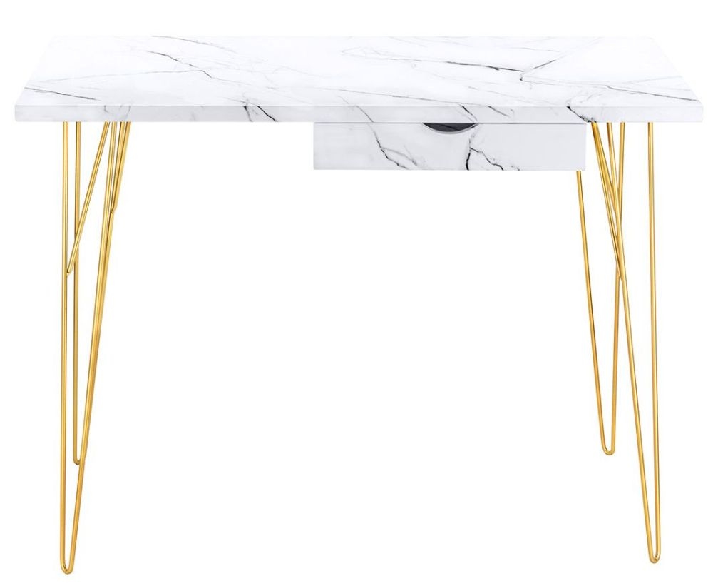 Fusion White Marble Effect 1 Drawer Desk With Hairpin Legs