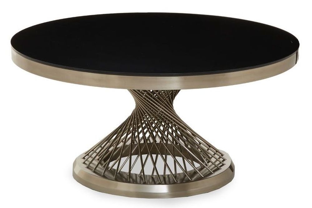 Royal Black Glass Top And Silver Geometric Base Round Coffee Table