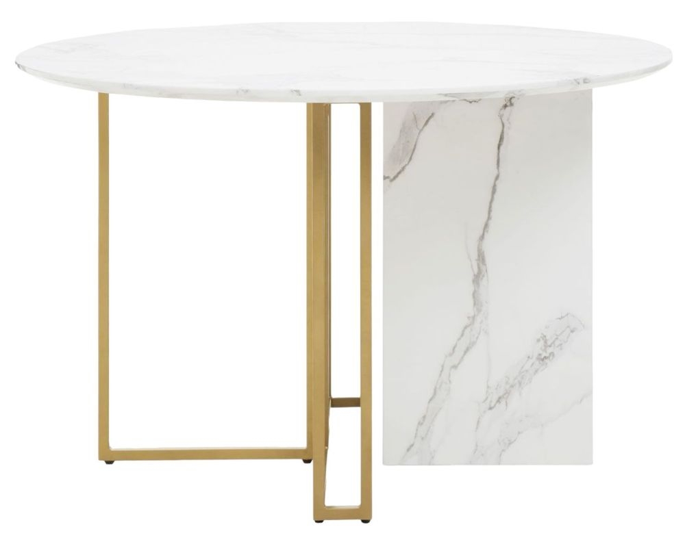 Andi White Marble And Gold Dining Table 120cm Seats 2 To 4 Diners Round Top