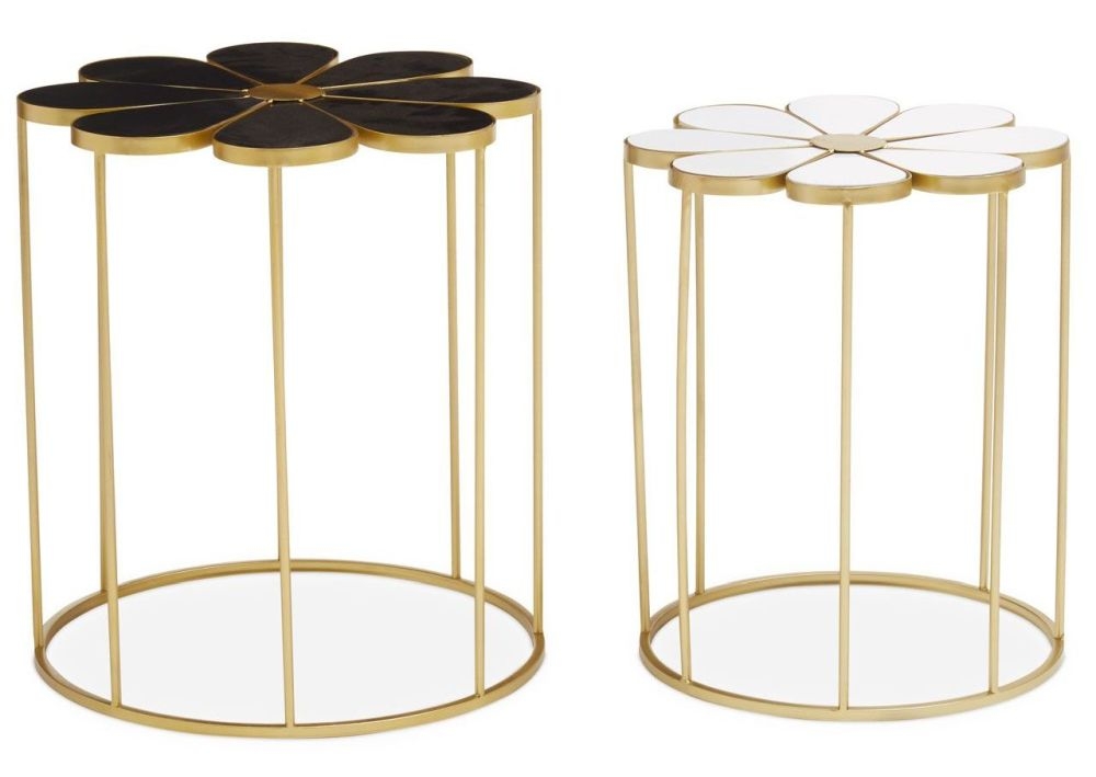 Janiyah Black And White Petal Flower Shape Side Table With Gold Frame Set Of 2
