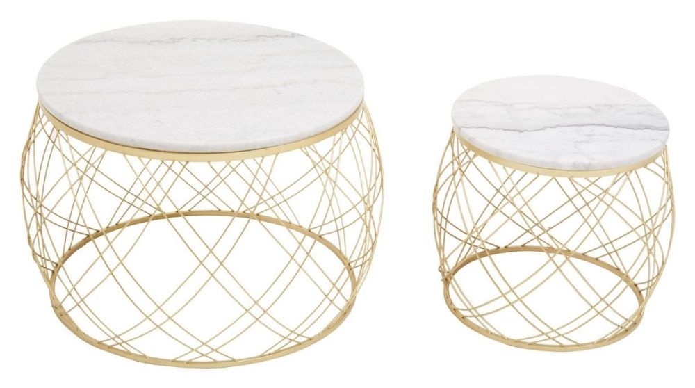 Janiyah White Marble Top Round Side Tables With Geometric Gold Frame Set Of 2