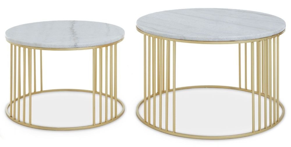Janiyah White Marble Top Round Side Tables With Gold Frame Set Of 2