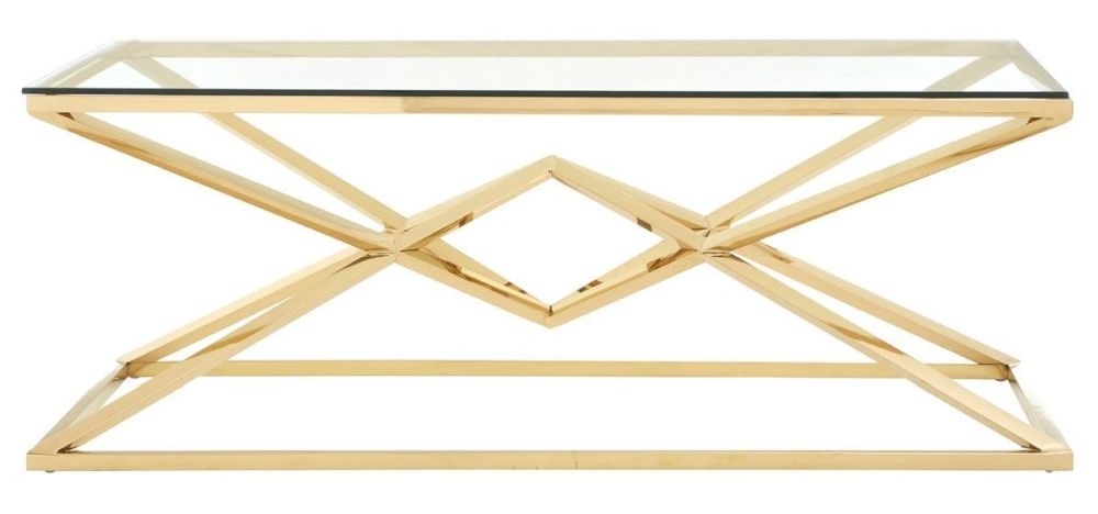 Kyra Glass Top And Champagne Gold Geometric Corseted Coffee Table