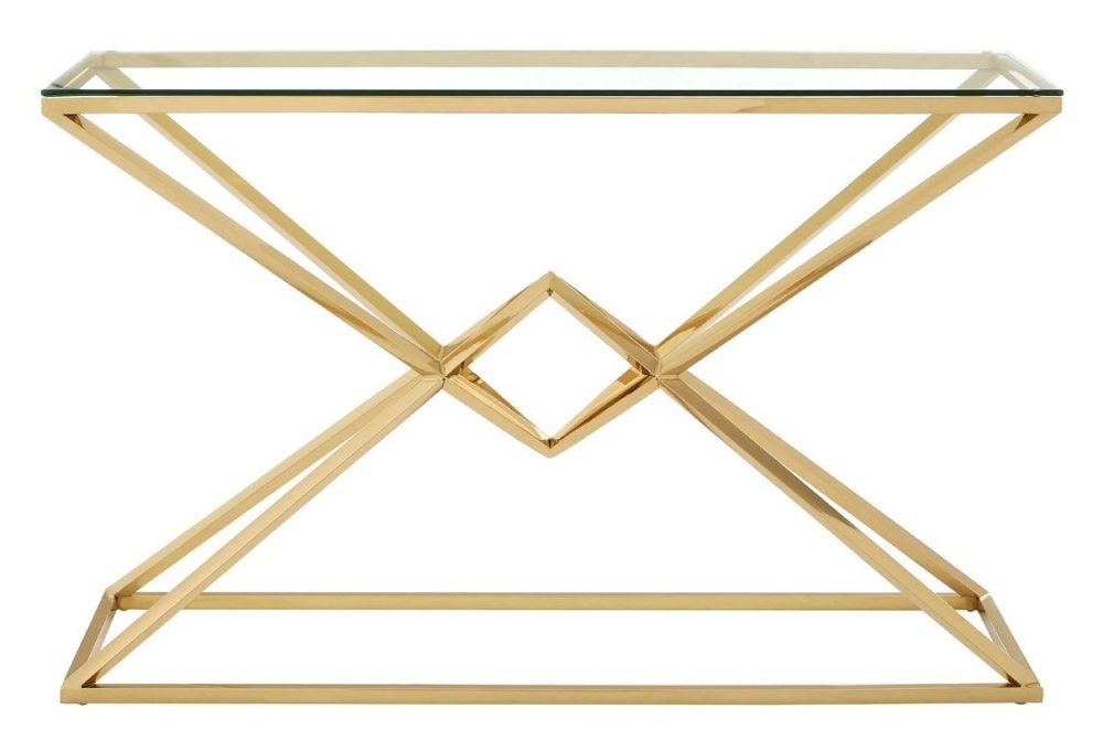 Kyra Glass Top And Champagne Gold Geometric Corseted Console Table