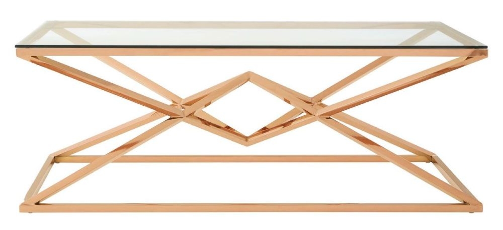 Kyra Glass Top And Rose Gold Geometric Corseted Coffee Table