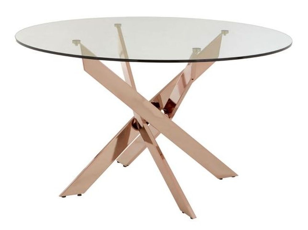 Kyra Glass Top And Rose Gold Intersected Dining Table 130cm Seats 4 To 6 Diners Round Top