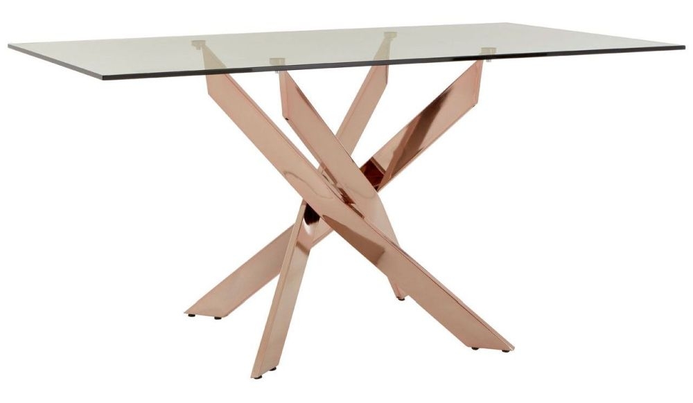 Kyra Glass Top And Rose Gold Intersected Dining Table 150cm Seats 4 To 6 Diners Rectangular Top