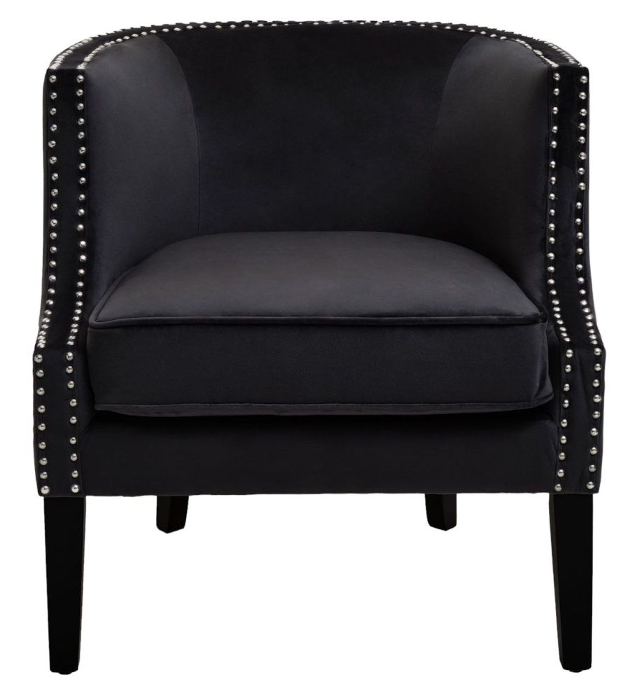 Rayne Black Studded Accent Chair Velvet Fabric Upholstered With Black Wooden Legs