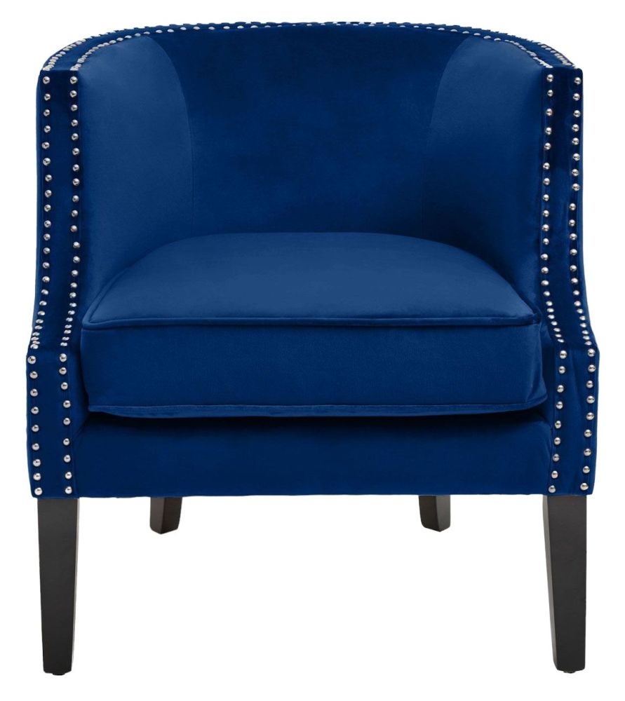 Rayne Blue Studded Accent Chair Velvet Fabric Upholstered With Black Wooden Legs