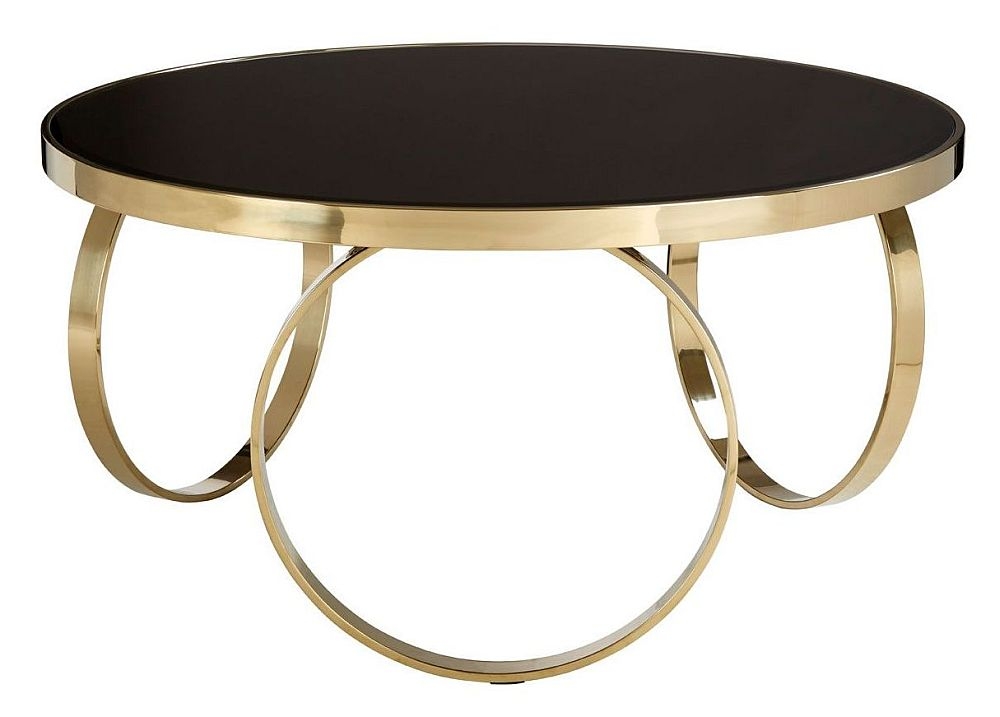 Rosalyn Black Glass Top Large Round Coffee Table With Ring Gold Base
