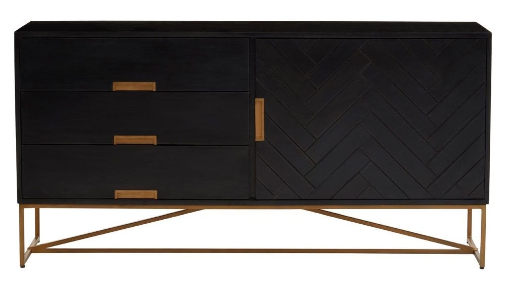 Jazmine Black Mango Wood Medium Sideboard 150cm W With 1 Door And 3 Drawers