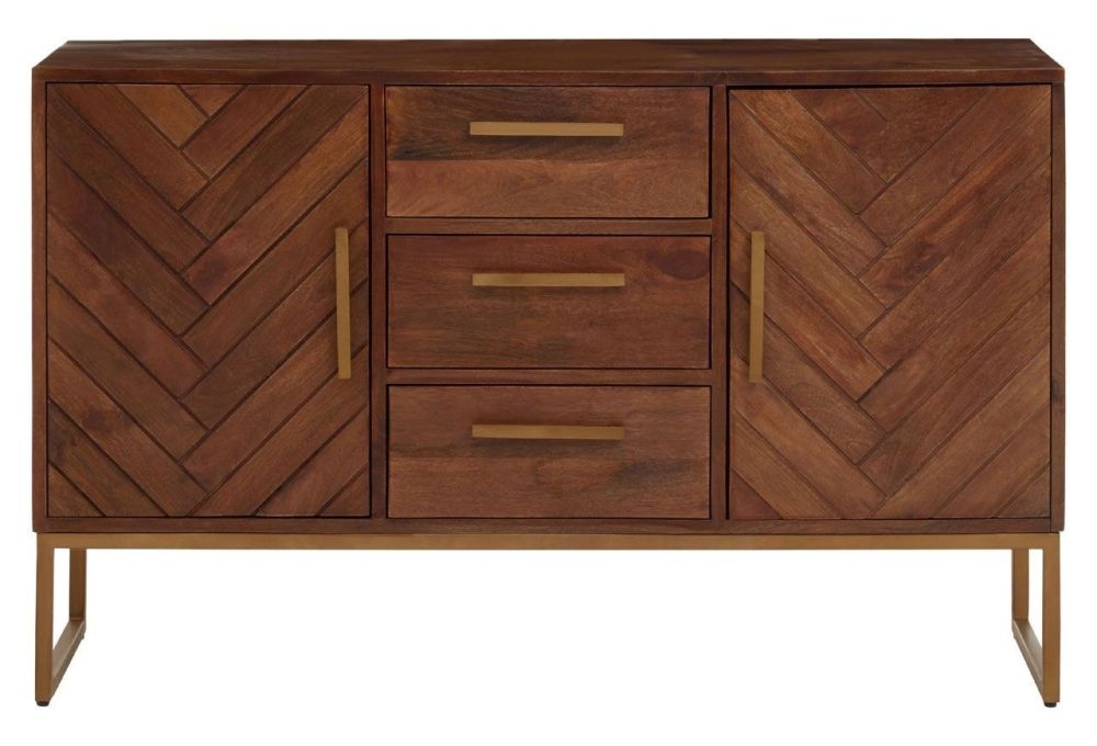 Persephone Brown Mango Wood Herringbone Medium Sideboard 120cm W With 2 Doors And 3 Drawers