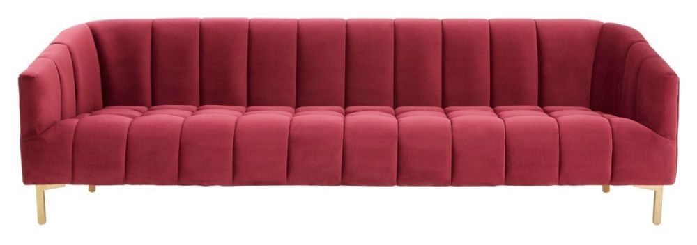 Aubrie Wine 3 Seater Sofa Velvet Fabric Upholstered With Gold Legs
