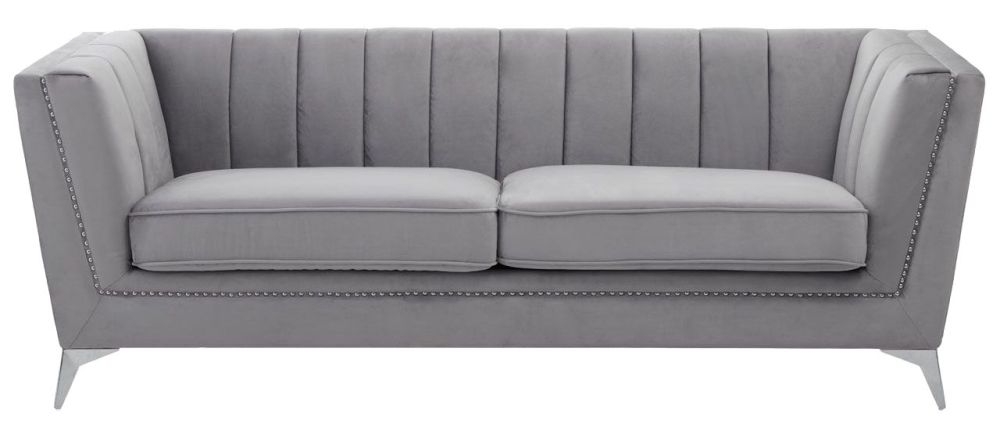 Aya Grey 3 Seater Sofa Velvet Fabric Upholstered With Chrome Legs