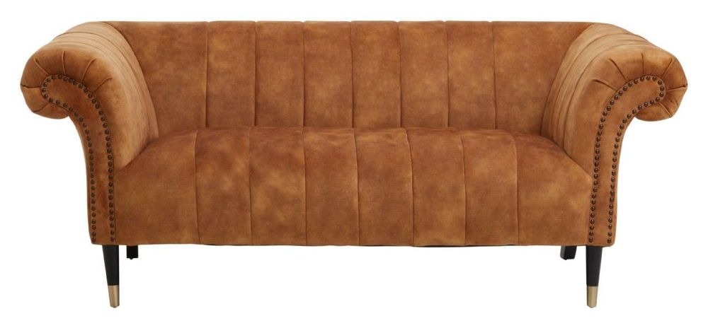 Berkley Brown 2 Seater Sofa Velvet Fabric Upholstered With Black Wooden Gold Cone Trim Legs