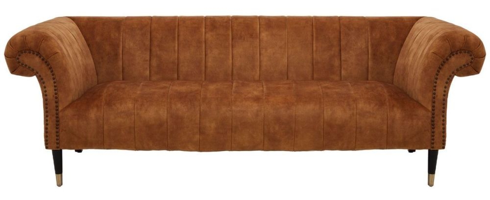 Berkley Brown 3 Seater Sofa Velvet Fabric Upholstered With Black Wooden Gold Cone Trim Legs