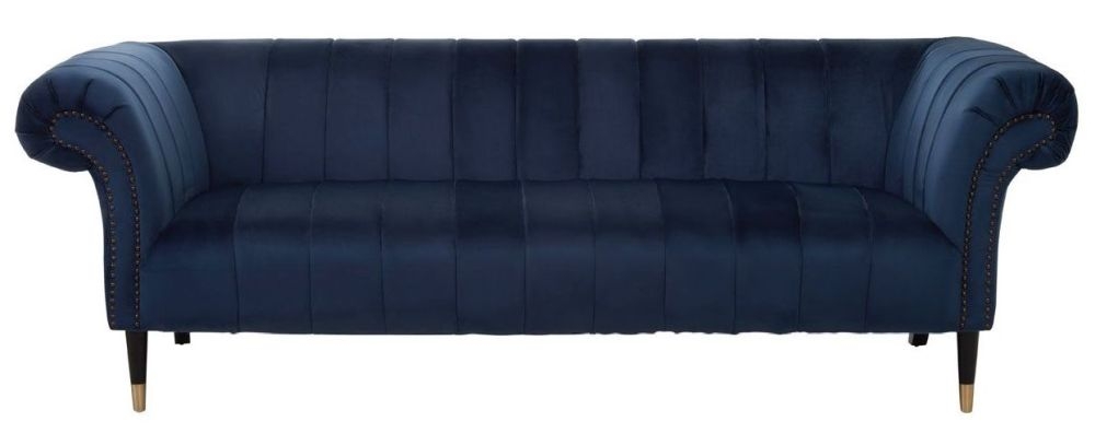 Berkley Midnight Blue 3 Seater Chesterfield Sofa Velvet Fabric Upholstered With Black Wooden Gold Cone Trim Legs