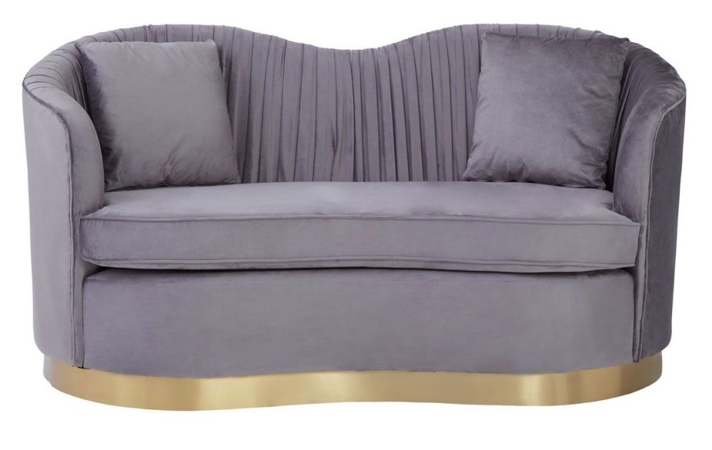 Kallie Pleated Grey 2 Seater Sofa Velvet Fabric Upholstered With Gold Base