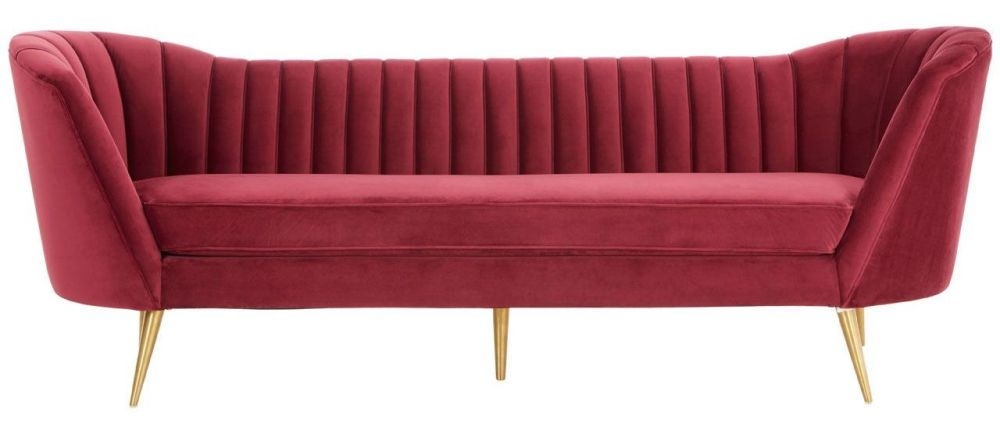 Madisyn Wine 3 Seater Sofa Velvet Fabric Upholstered With Gold Legs