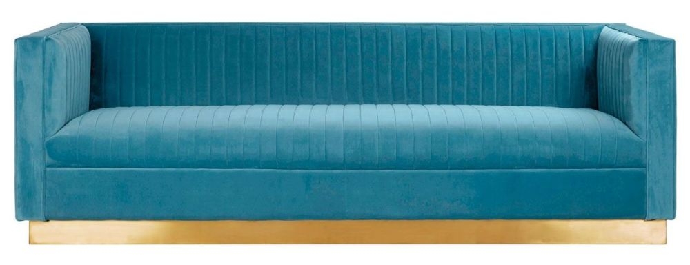 Paulina Light Blue 3 Seater Sofa Velvet Fabric Upholstered With Gold Base