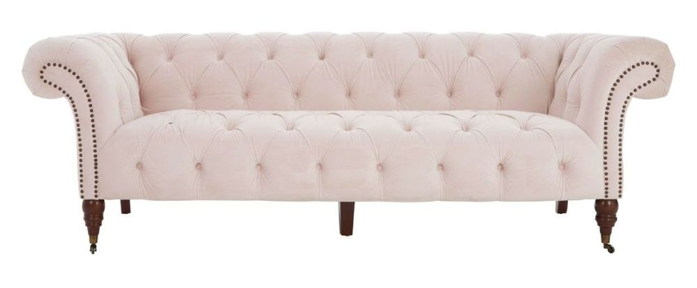 Ramona Pink 3 Seater Chesterfield Sofa Studded Fabric Upholstered With Carved Legs
