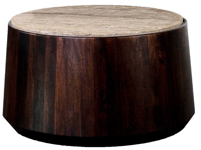 Iowa Travertine Marble And Walnut Large Round Coffee Table