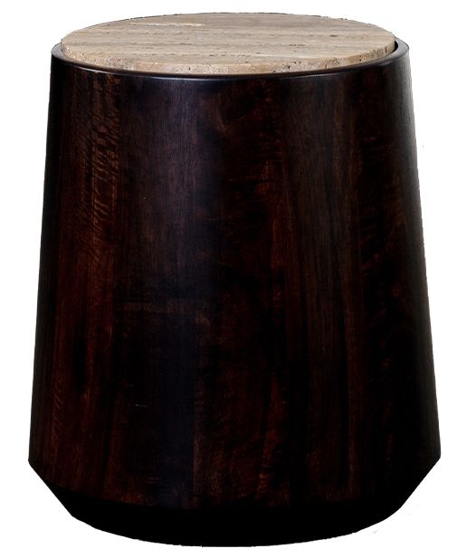 Iowa Travertine Marble And Walnut Round Side Table
