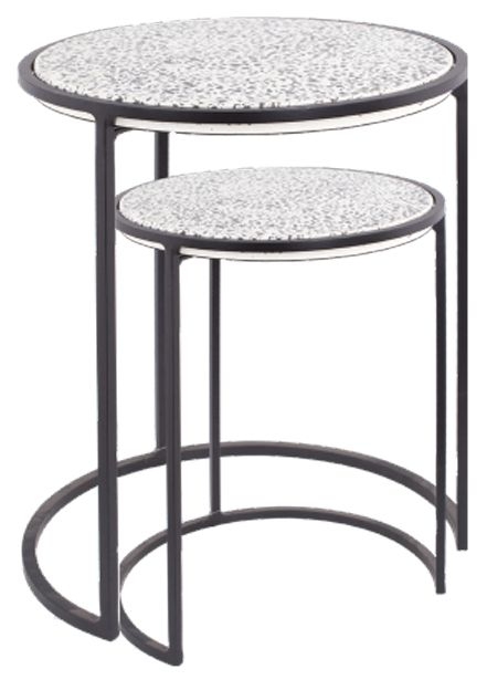 Tabia White Stone And Black Round Side Table Set Of 2