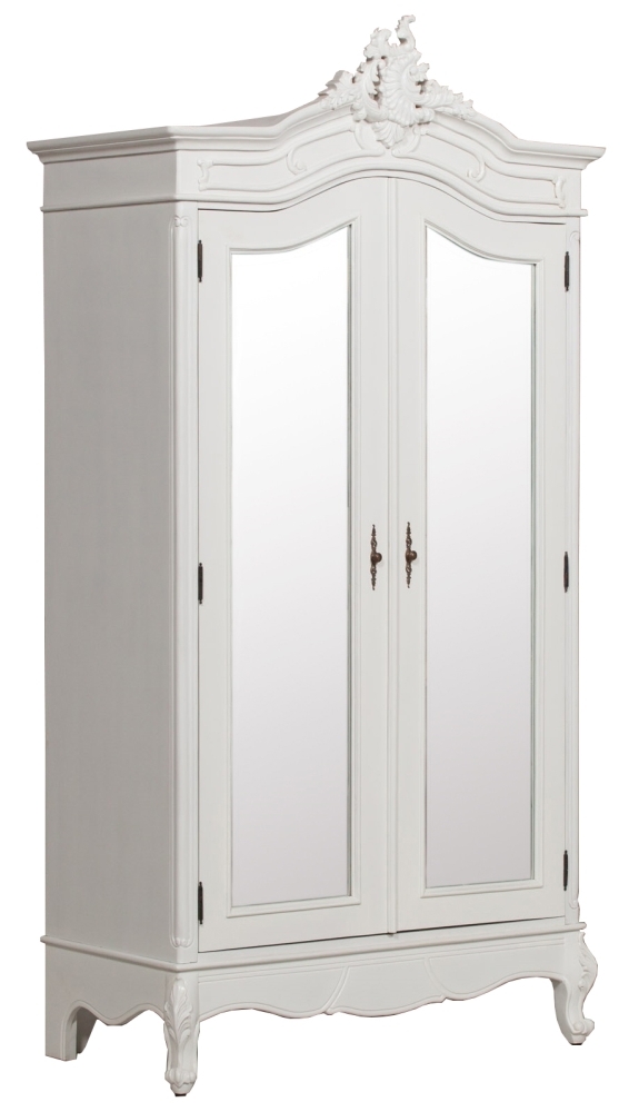 French Style White Carved Mirror Armoire Wardrobe 2 Door