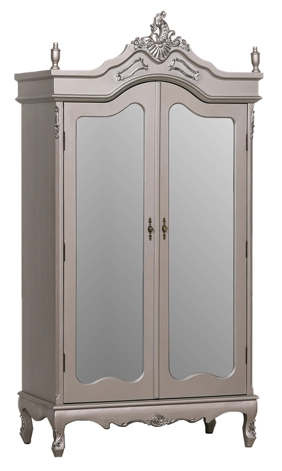 French Style Antique Silver Mirror Armoire Wardrobe 2 Door
