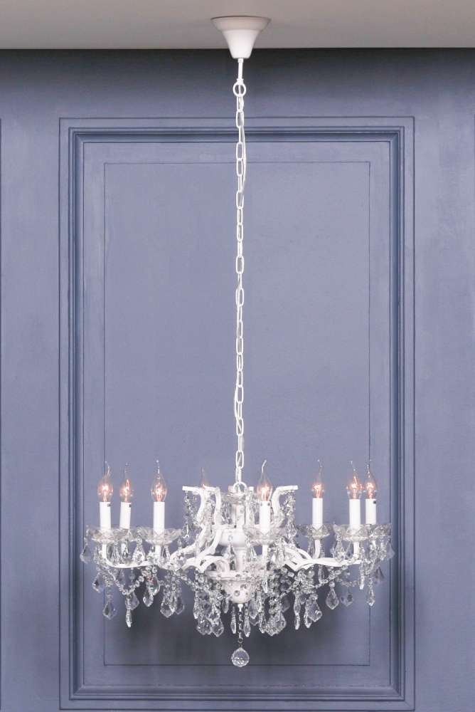 French Style White 8 Branch Shallow Cut Glass Chandelier