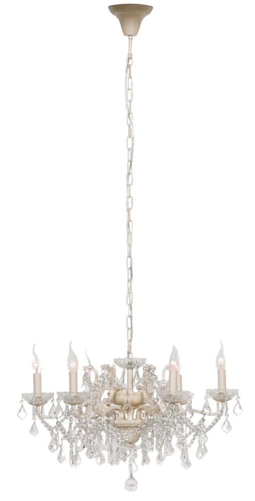 French Style Cream 6 Branch Shallow Cut Glass Chandelier