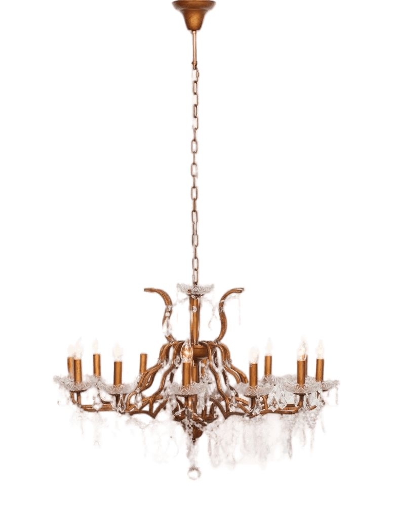 French Style Antique Gold 12 Branch Shallow Cut Glass Chandelier